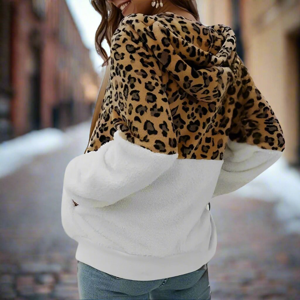 Liesel | Women’s Leopard Print Hoodie Jacket – Fleece, Patchwork Design, Stylish & Warm