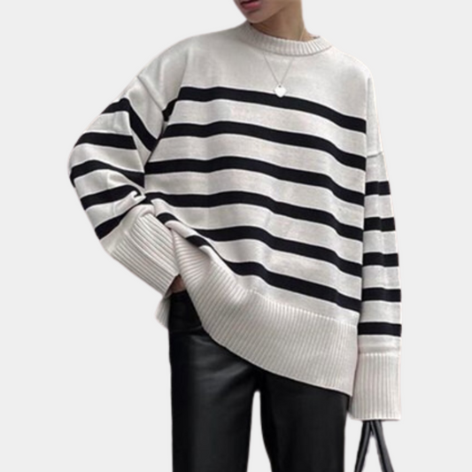 Melora | Women's White Knit Sweater with Black Stripes – Relaxed Fit & Stylish