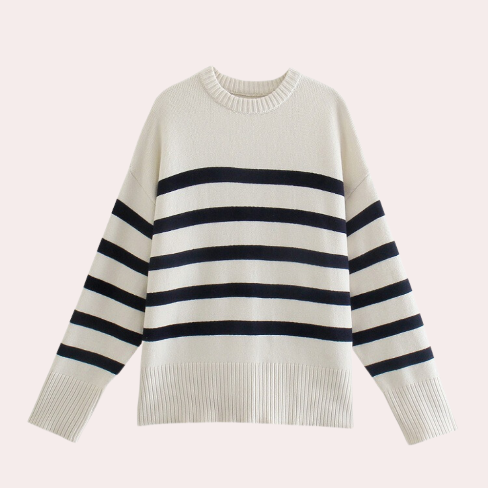 Melora | Women's White Knit Sweater with Black Stripes – Relaxed Fit & Stylish