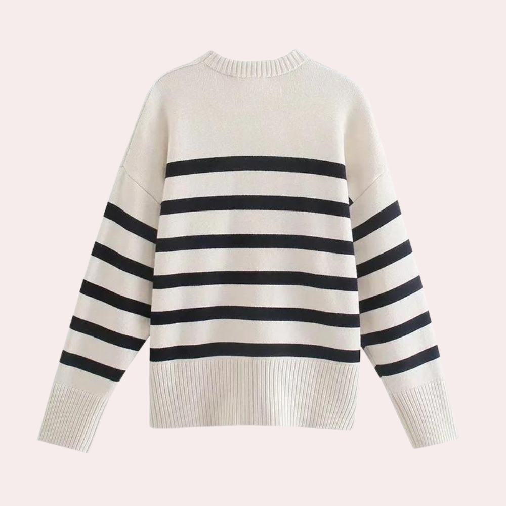 Melora | Women's White Knit Sweater with Black Stripes – Relaxed Fit & Stylish