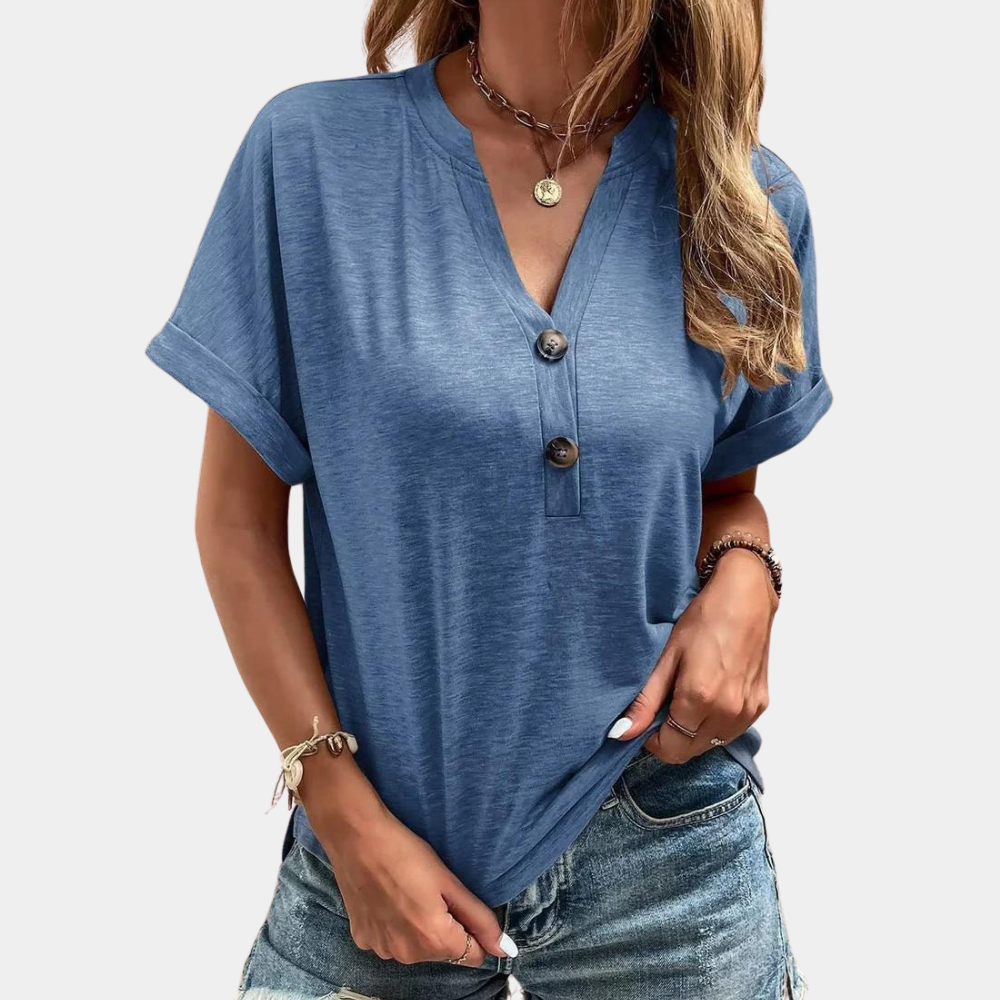 Arlwen | V-Neck Partial Button Shirt – Comfortable Short Sleeve Folded Cuff Top for Women