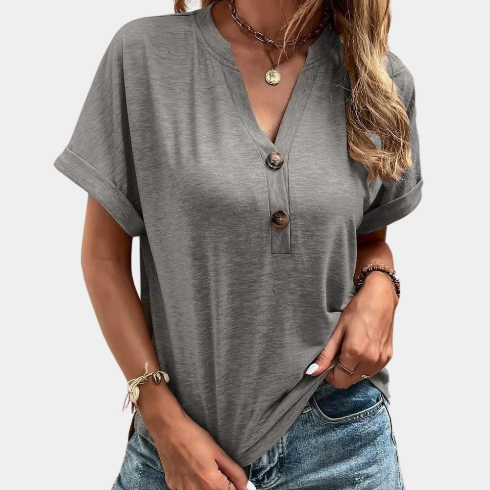 Arlwen | V-Neck Partial Button Shirt – Comfortable Short Sleeve Folded Cuff Top for Women