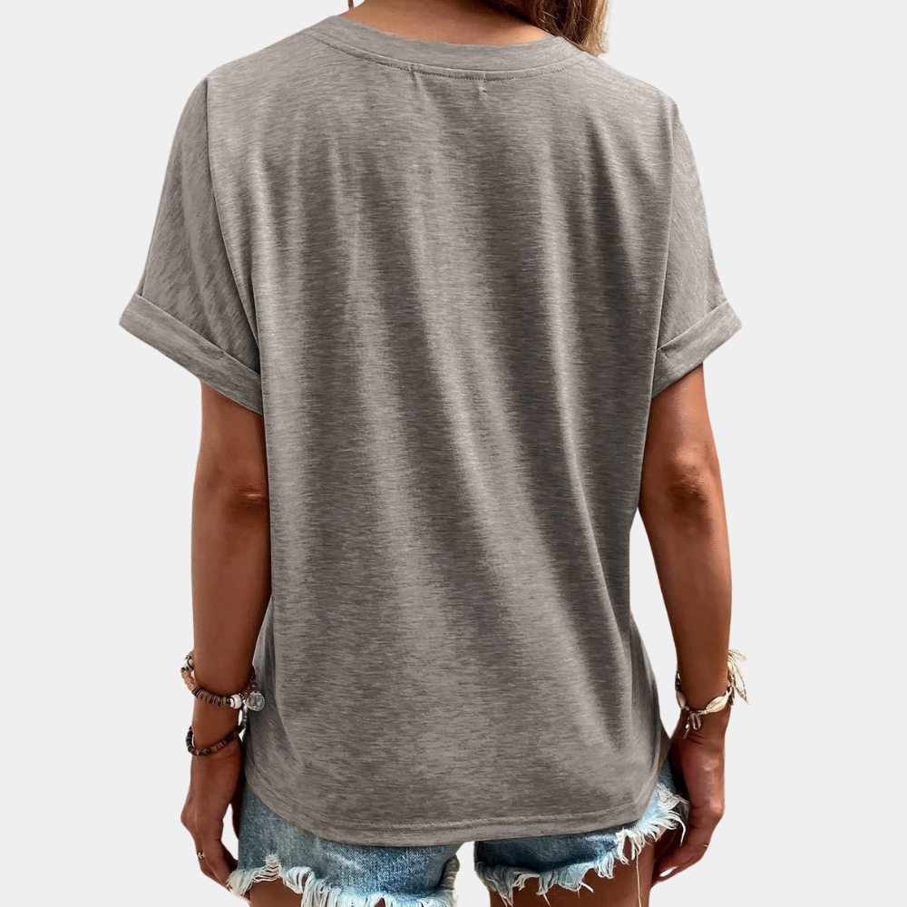 Arlwen | V-Neck Partial Button Shirt – Comfortable Short Sleeve Folded Cuff Top for Women