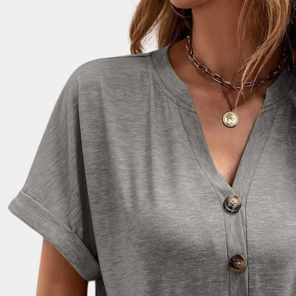 Arlwen | V-Neck Partial Button Shirt – Comfortable Short Sleeve Folded Cuff Top for Women