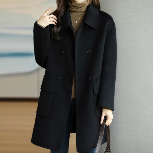 Astrid | Women's Solid Colour Double-Breasted Coat with Lapel Collar & Flap Pockets