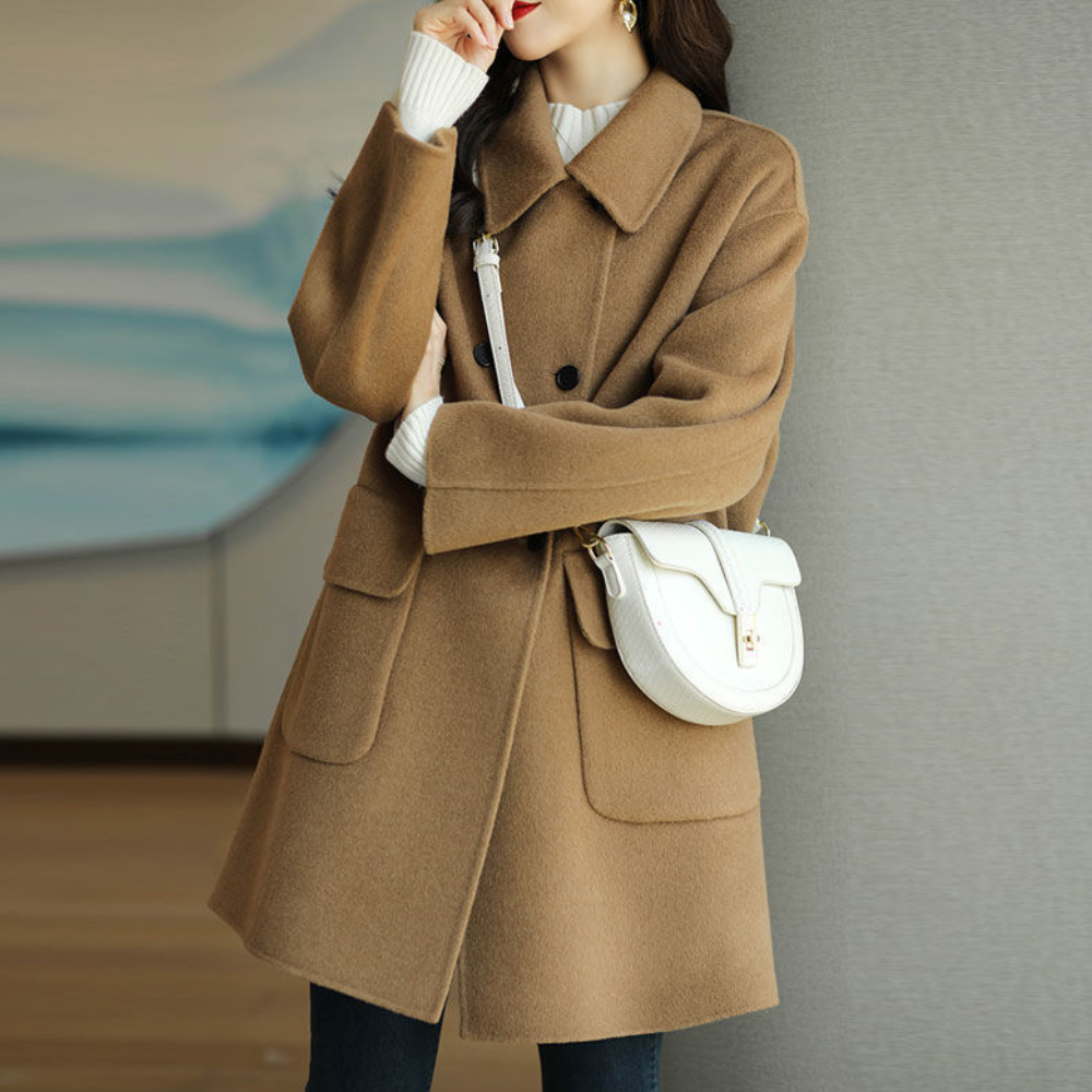 Astrid | Women's Solid Colour Double-Breasted Coat with Lapel Collar & Flap Pockets