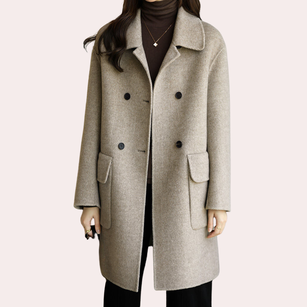 Astrid | Women's Solid Colour Double-Breasted Coat with Lapel Collar & Flap Pockets