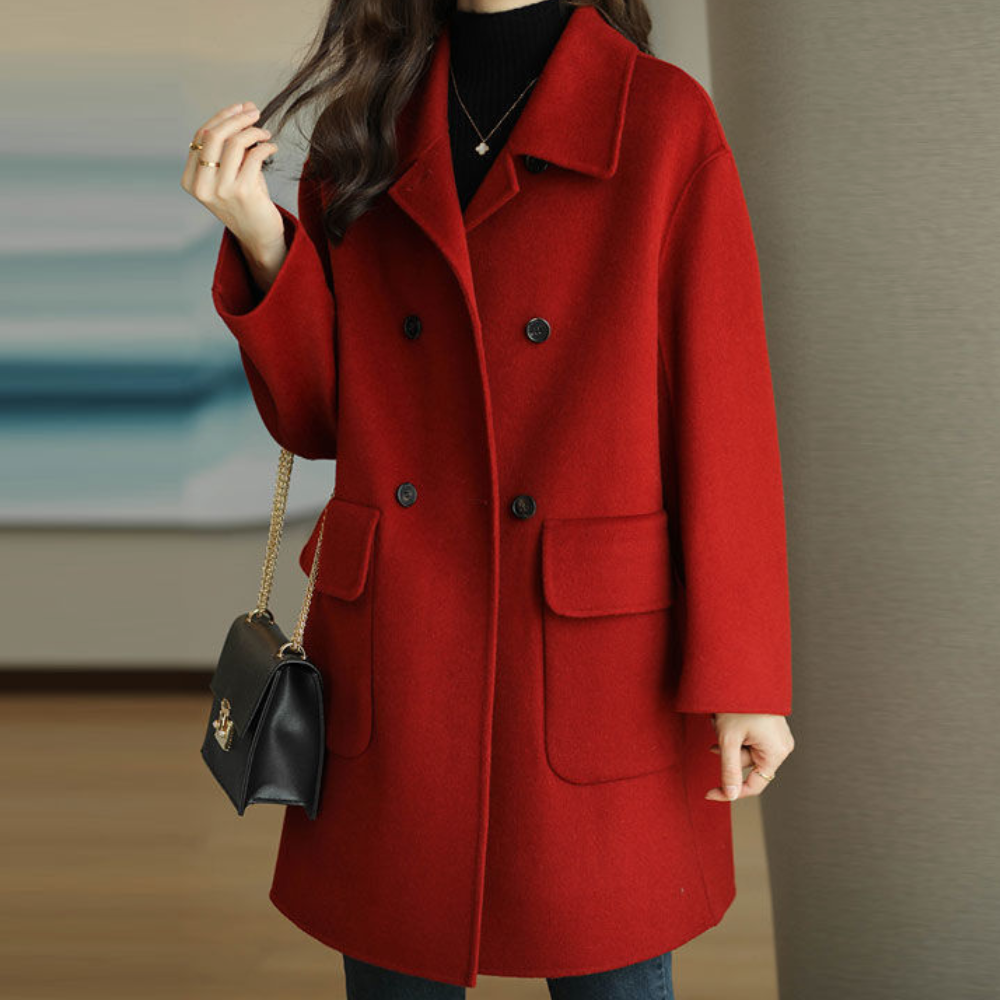 Astrid | Women's Solid Colour Double-Breasted Coat with Lapel Collar & Flap Pockets