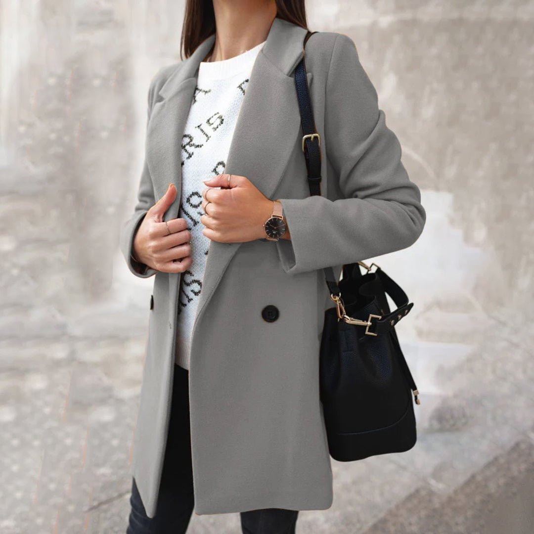 Bryony | Women's Solid Colour Double Breasted Long Coat with Lapel Collar