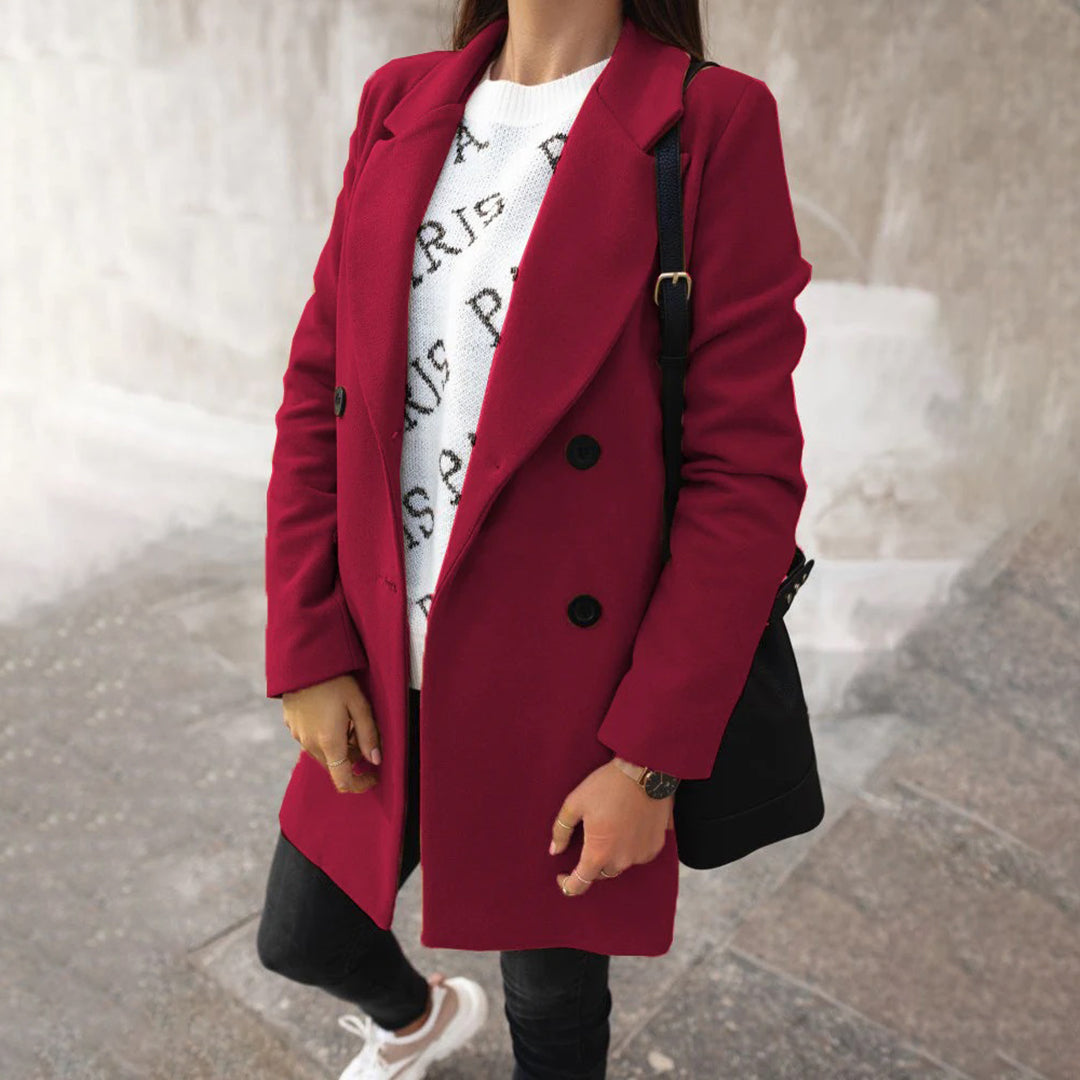 Bryony | Women's Solid Colour Double Breasted Long Coat with Lapel Collar