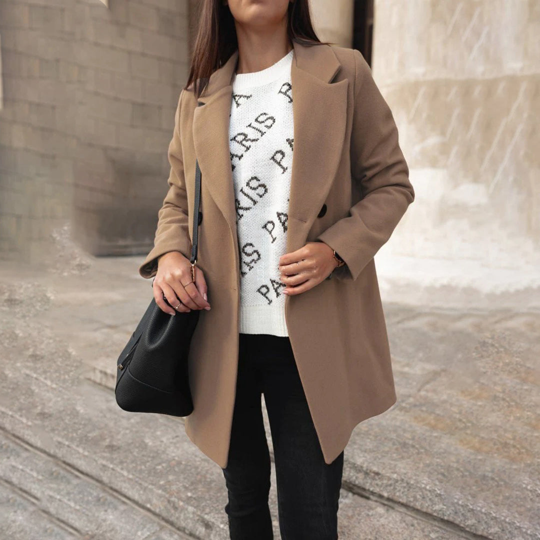 Bryony | Women's Solid Colour Double Breasted Long Coat with Lapel Collar