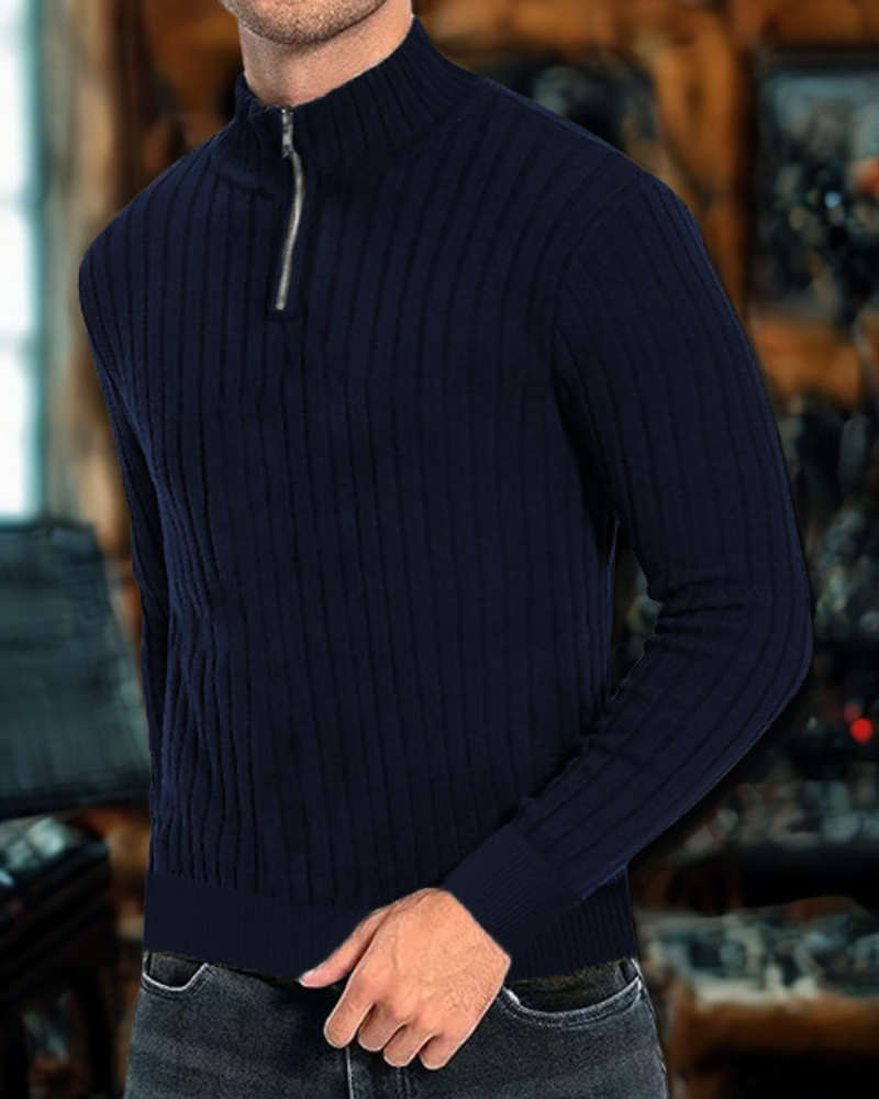 Gabin | Men's Ribbed Knit Sweater – Zipped Mock Neck in Solid Colour