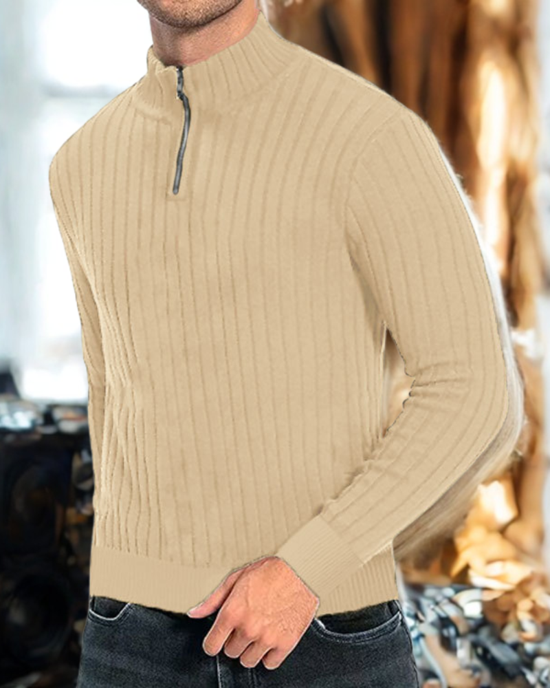 Gabin | Men's Ribbed Knit Sweater – Zipped Mock Neck in Solid Colour