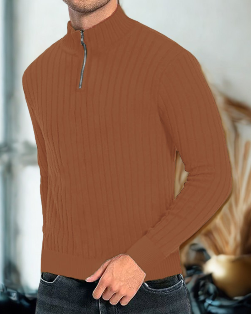 Gabin | Men's Ribbed Knit Sweater – Zipped Mock Neck in Solid Colour