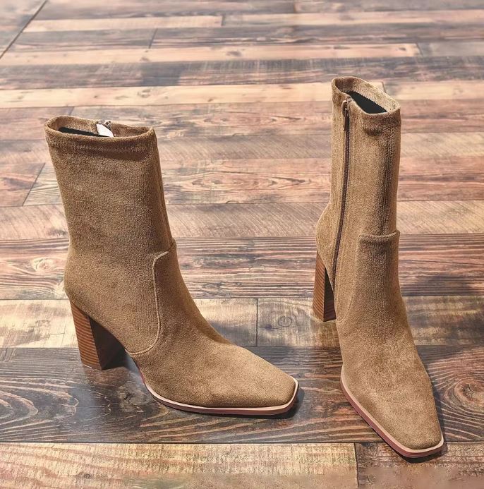 Cordula | Women's Brown Suede Mid-Calf Boots with Block Heels – Stylish & Comfortable