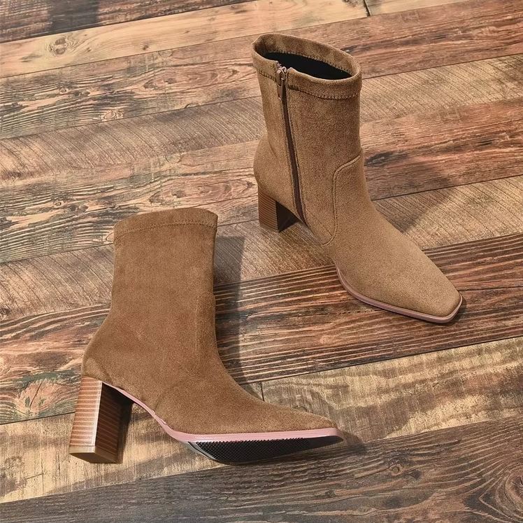 Cordula | Women's Brown Suede Mid-Calf Boots with Block Heels – Stylish & Comfortable