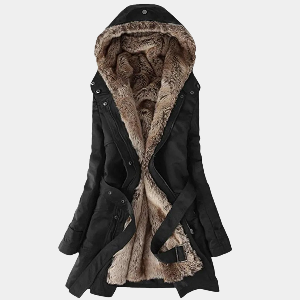 Belle | Women's Fur Lined Hooded Winter Coat with Waist Belt