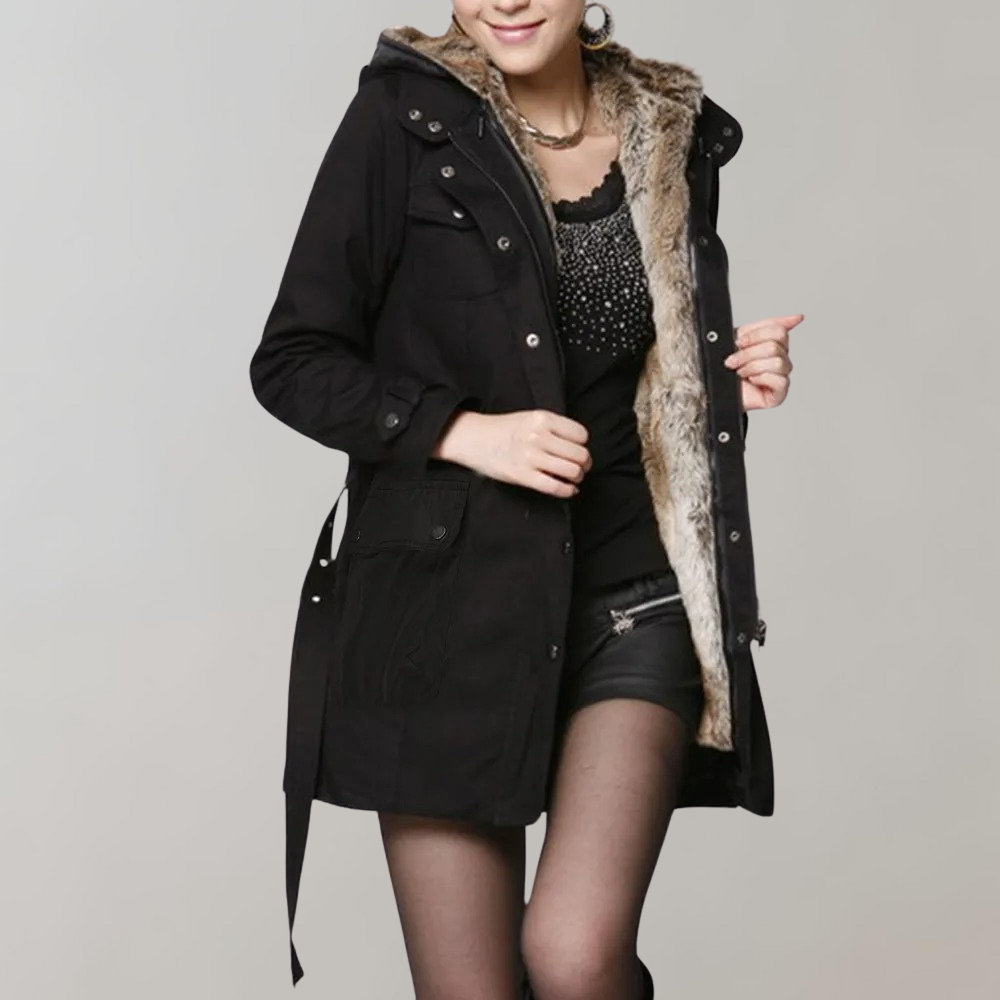 Belle | Women's Fur Lined Hooded Winter Coat with Waist Belt