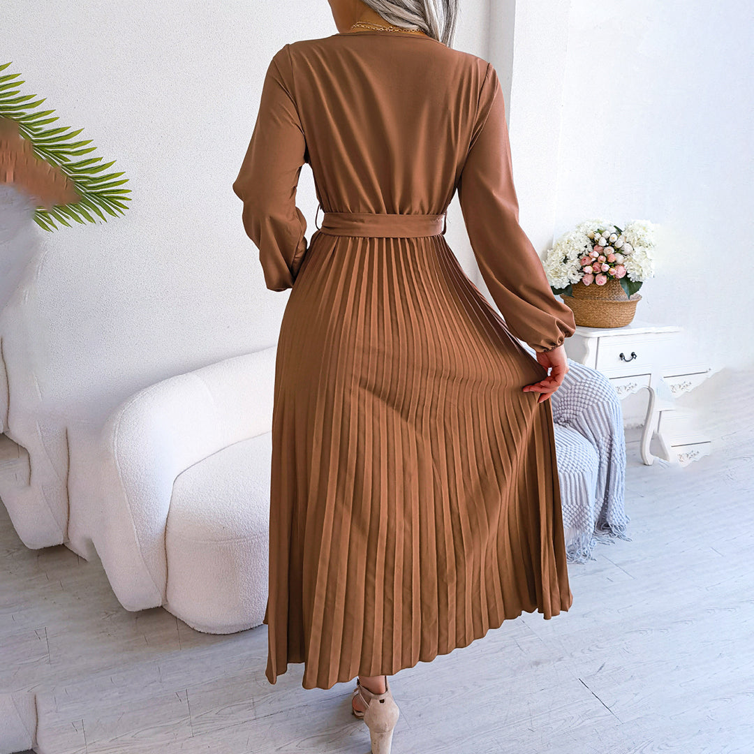 Aveline | Women's Solid Colour V-Neck Maxi Dress with Tie Waist & Pleated Skirt