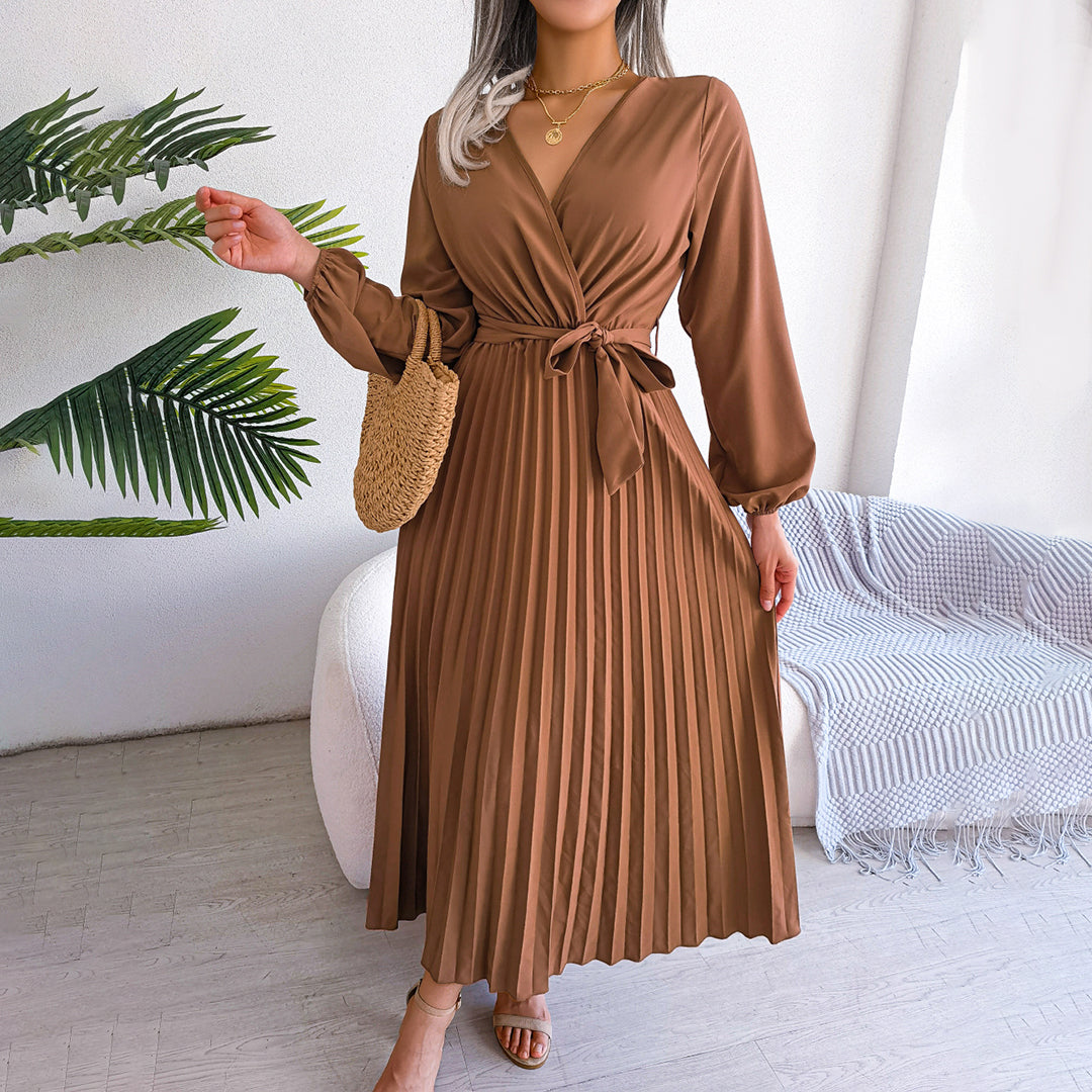 Aveline | Women's Solid Colour V-Neck Maxi Dress with Tie Waist & Pleated Skirt