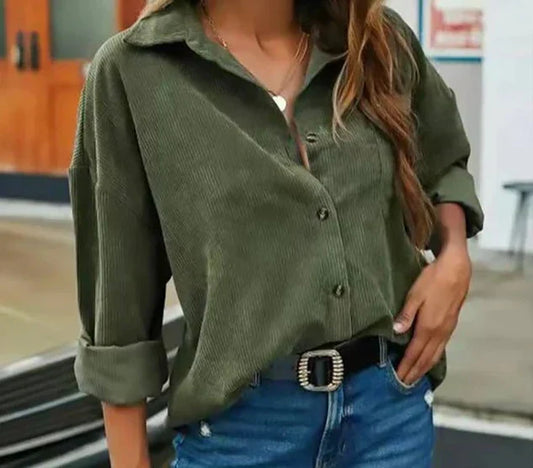 Luminara | Women's Stylish Solid Colour Corduroy Buttoned Blouse with Lapel Collar – Versatile and Comfortable