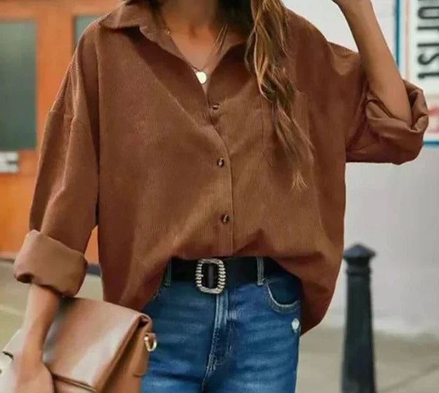 Luminara | Women's Stylish Solid Colour Corduroy Buttoned Blouse with Lapel Collar – Versatile and Comfortable