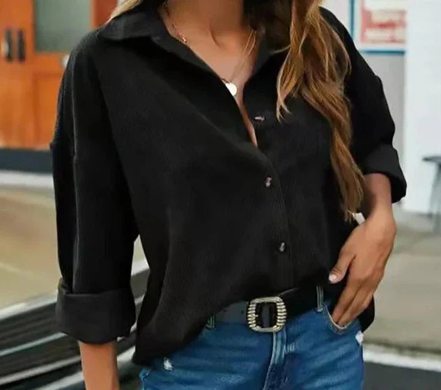 Luminara | Women's Stylish Solid Colour Corduroy Buttoned Blouse with Lapel Collar – Versatile and Comfortable