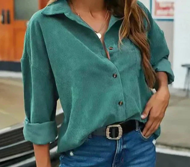 Luminara | Women's Stylish Solid Colour Corduroy Buttoned Blouse with Lapel Collar – Versatile and Comfortable