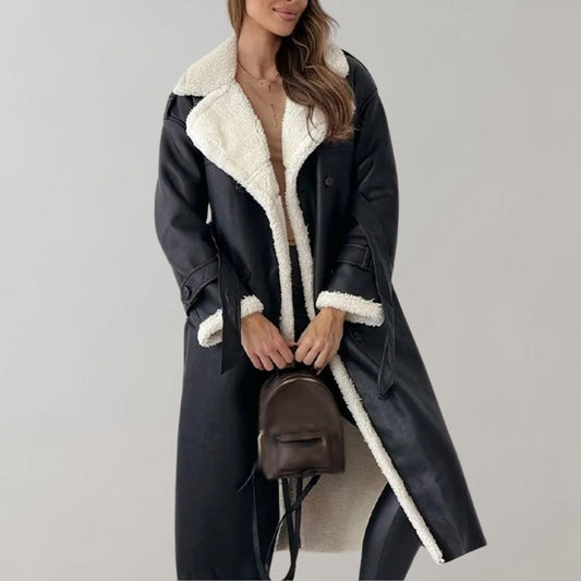 Blair | Women's Double Breasted Leather Look Fleece Lined Long Coat