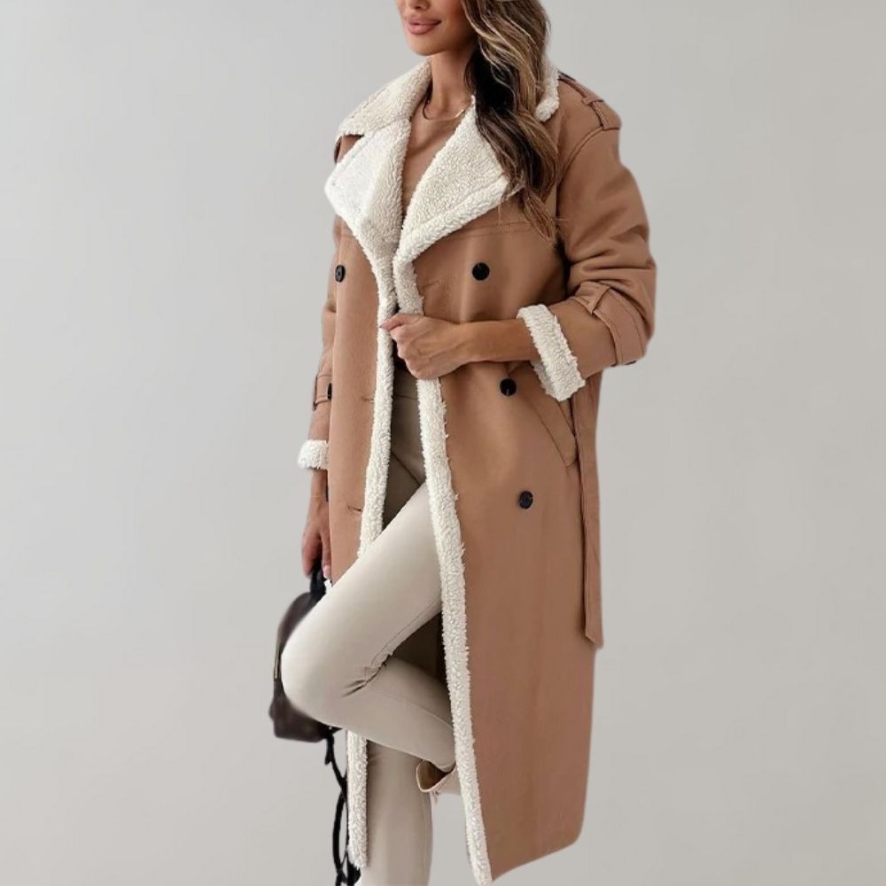 Blair | Women's Double Breasted Leather Look Fleece Lined Long Coat