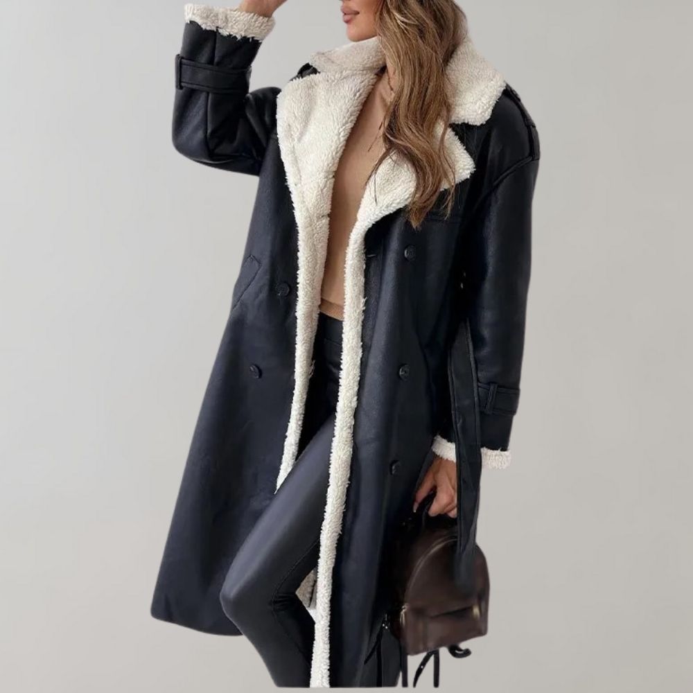 Blair | Women's Double Breasted Leather Look Fleece Lined Long Coat