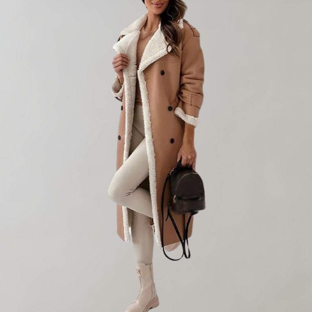 Blair | Women's Double Breasted Leather Look Fleece Lined Long Coat