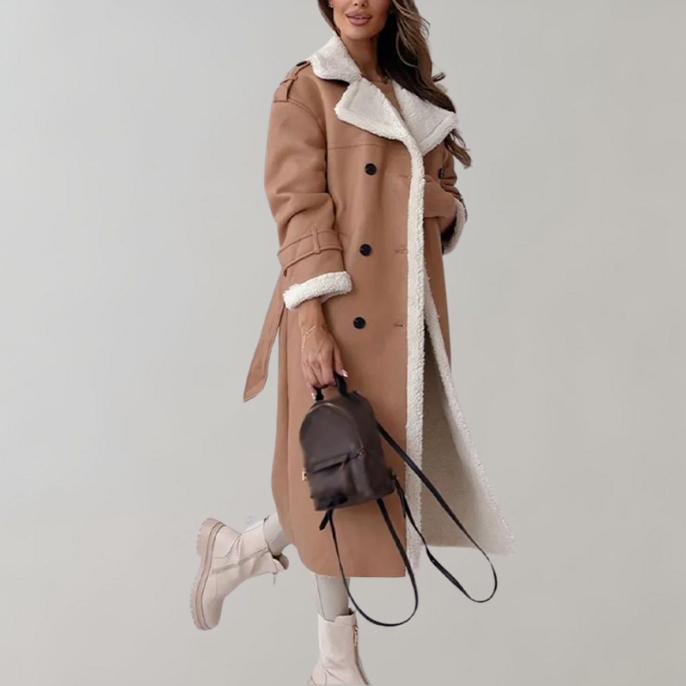 Blair | Women's Double Breasted Leather Look Fleece Lined Long Coat