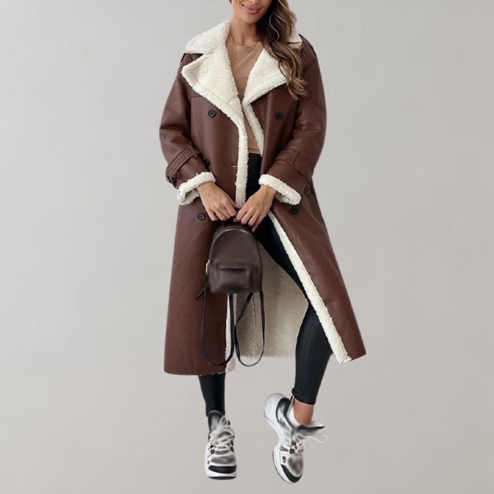 Blair | Women's Double Breasted Leather Look Fleece Lined Long Coat