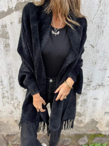 Ealdgyth | Women’s Long-Sleeved Knitted Cardigan with Fringes and Scarf