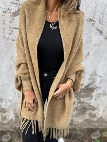 Ealdgyth | Women’s Long-Sleeved Knitted Cardigan with Fringes and Scarf