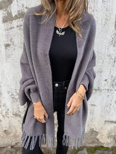 Ealdgyth | Women’s Long-Sleeved Knitted Cardigan with Fringes and Scarf