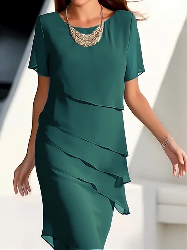 Ivy | Women's Elegant Chiffon Midi Dress | Short Sleeve Layered Round Neck Dress