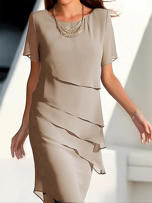 Ivy | Women's Elegant Chiffon Midi Dress | Short Sleeve Layered Round Neck Dress