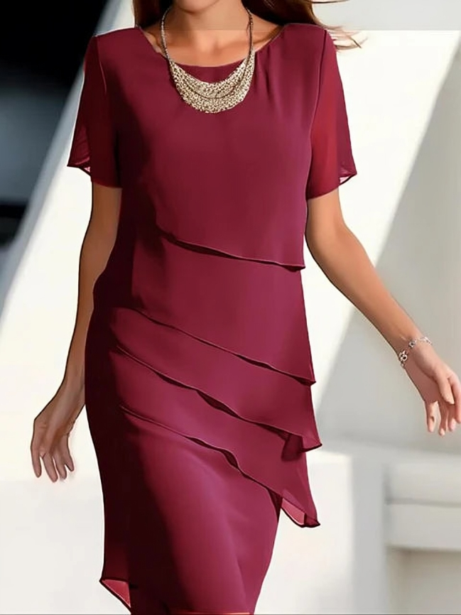 Ivy | Women's Elegant Chiffon Midi Dress | Short Sleeve Layered Round Neck Dress