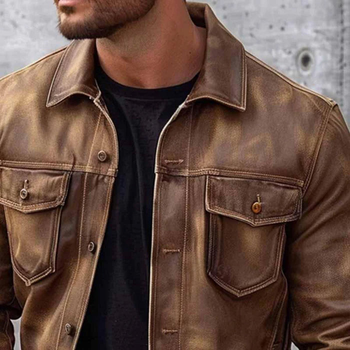 Melissa | Men’s Brown Vintage Jacket, Stylish Durable Leather Look with Timeless Buttoned Design