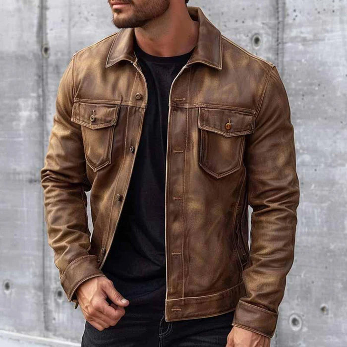 Melissa | Men’s Brown Vintage Jacket, Stylish Durable Leather Look with Timeless Buttoned Design