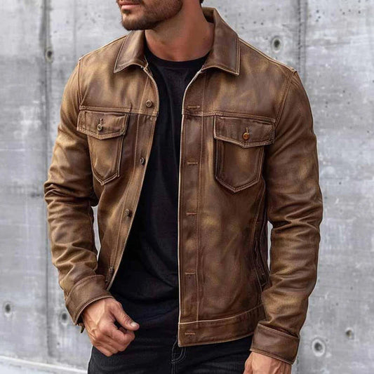 Melissa | Men’s Brown Vintage Jacket, Stylish Durable Leather Look with Timeless Buttoned Design
