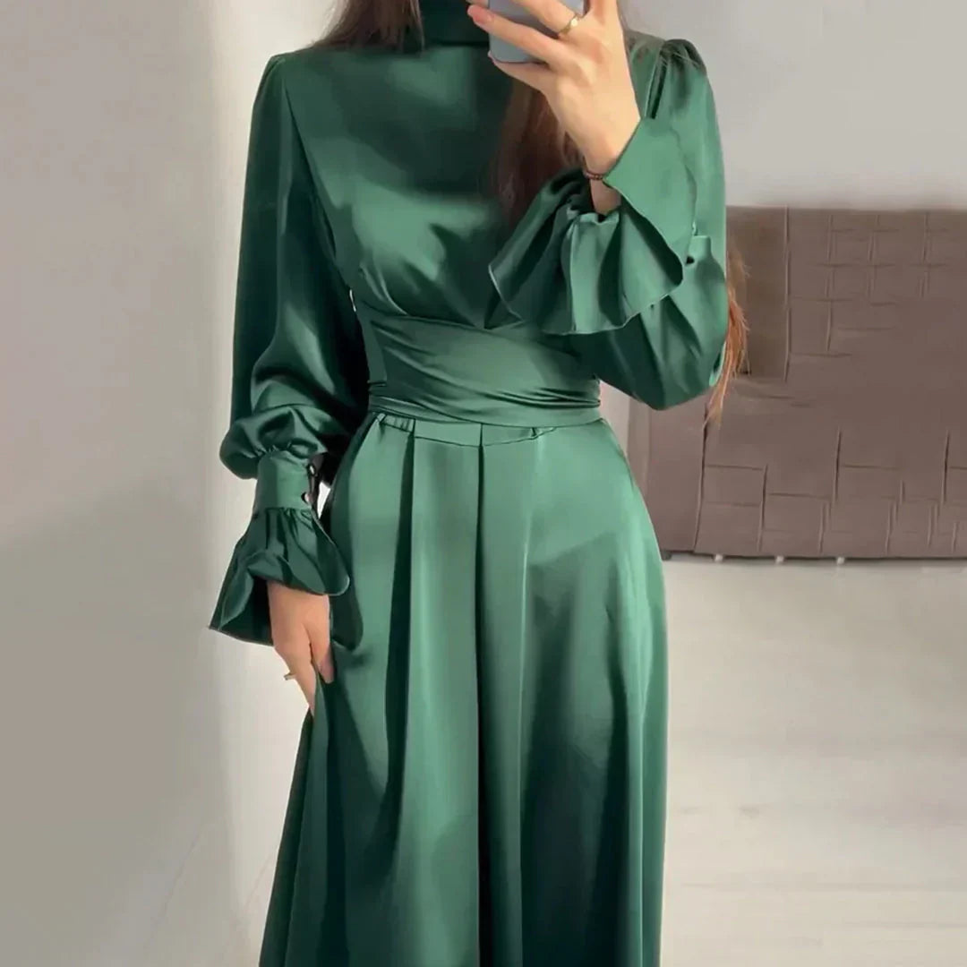 Evelune | Women’s Dark Green Satin Maxi Dress with Turtleneck and Puff Sleeves