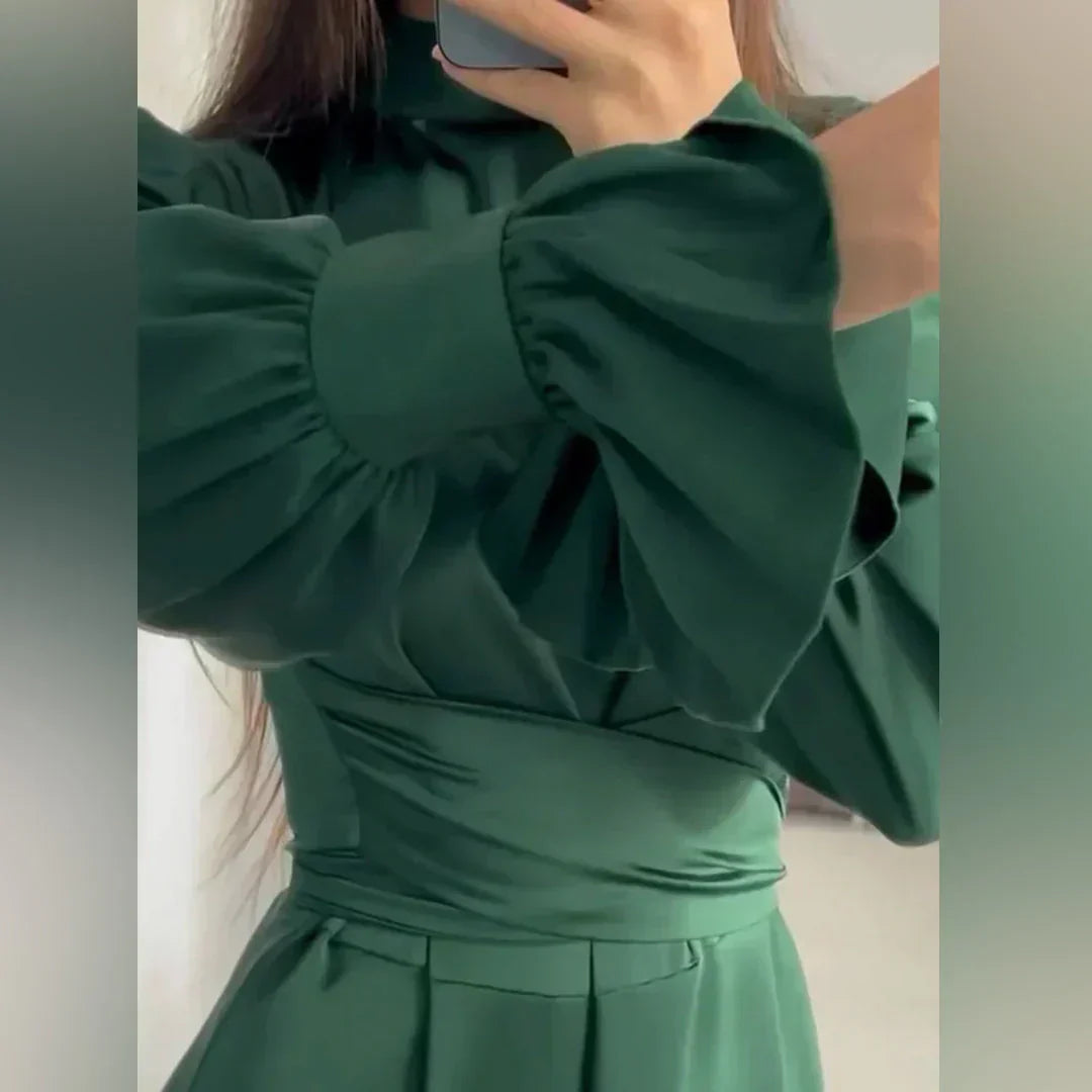 Evelune | Women’s Dark Green Satin Maxi Dress with Turtleneck and Puff Sleeves