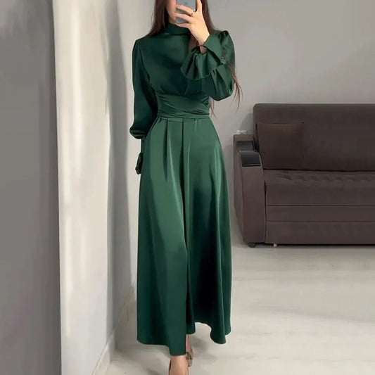 Evelune | Women’s Dark Green Satin Maxi Dress with Turtleneck and Puff Sleeves