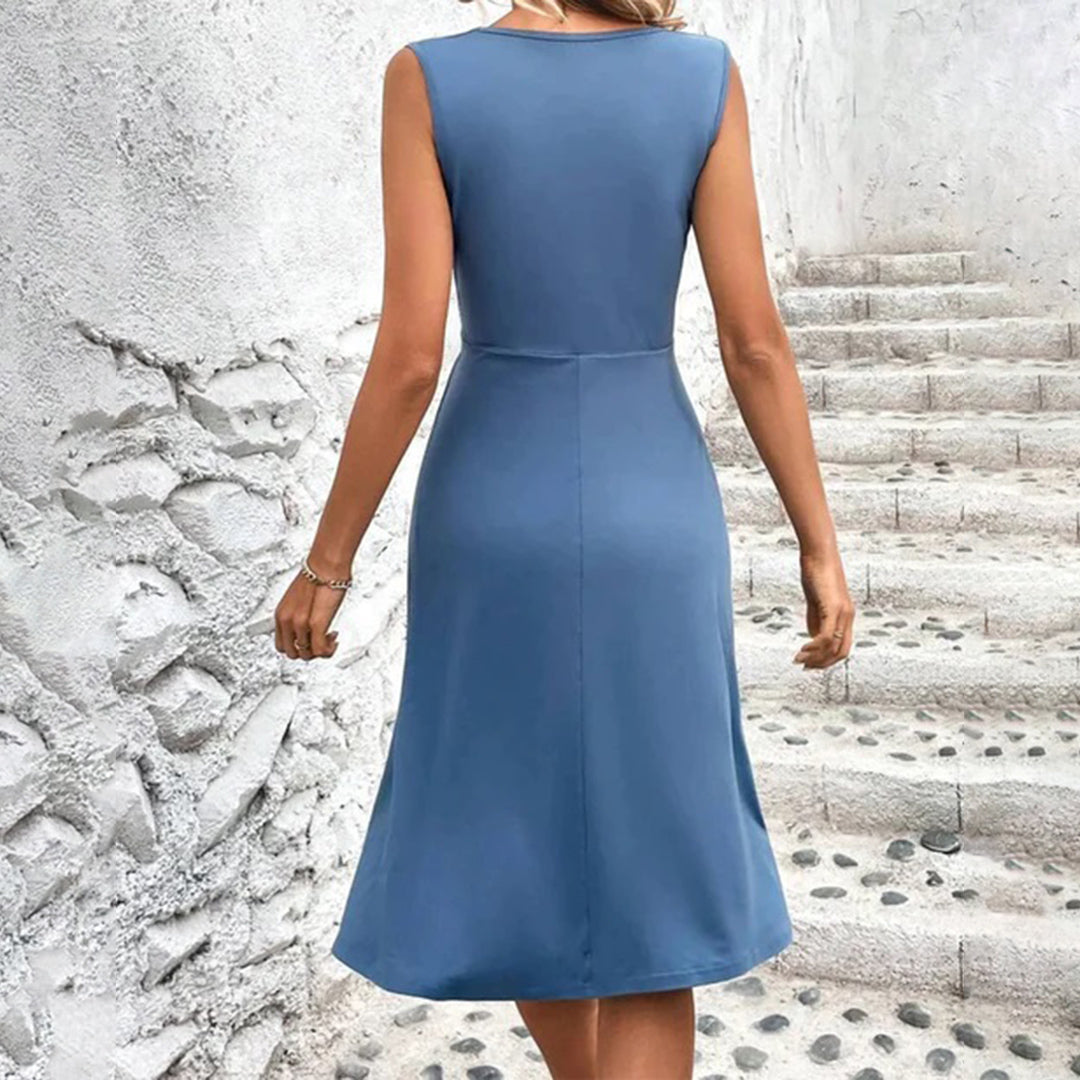 Mollie | Women's Sleeveless Wrap Cinched Waist V Neck Midi Dress for Casual and Formal Occasions