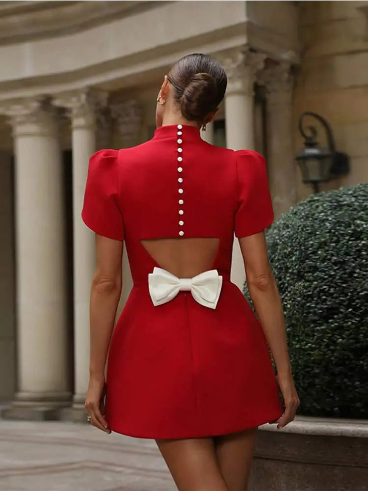 Fiorella | Women's Elegant Red Turtleneck Mini Dress – Puff Sleeves & Bow-Tied Hollow Back