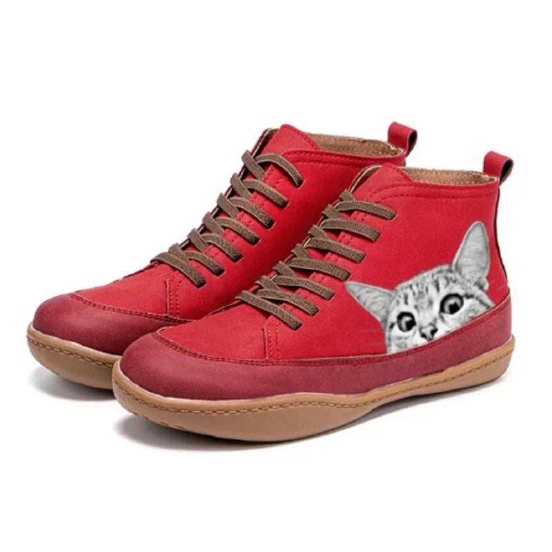 Amane | Women’s Orthopedic Lace-Up Boots with Stylish Cat Print