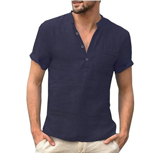 Maxim | Men’s Short‑Sleeve Linen Shirt – Solid Colour with Partial Button Placket
